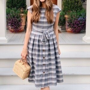 Gal Meets Glam Navy Blue White Tan Pink Plaid Midi Dress